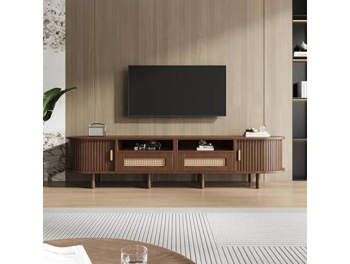 Merax TV Board 170 cm Lowboard mit Rattan Schubladen und Schiebetüren, TV Schrank Holz Walnuss, Fernsehtisch oval, TV Kommode für 70 Zoll, Lowboard Wohnzimmer mit Stauraum, TV Möbel