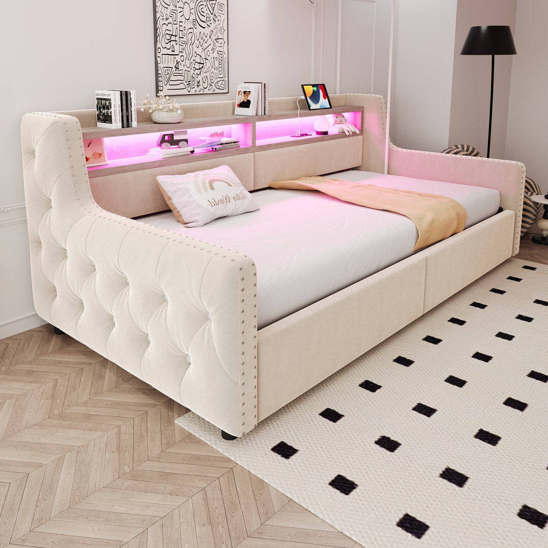 Ivy Bronx European Single (90 x 200 cm) Lift Up Storage Daybed Beige 81cm H X 104cm W X 216cm L
