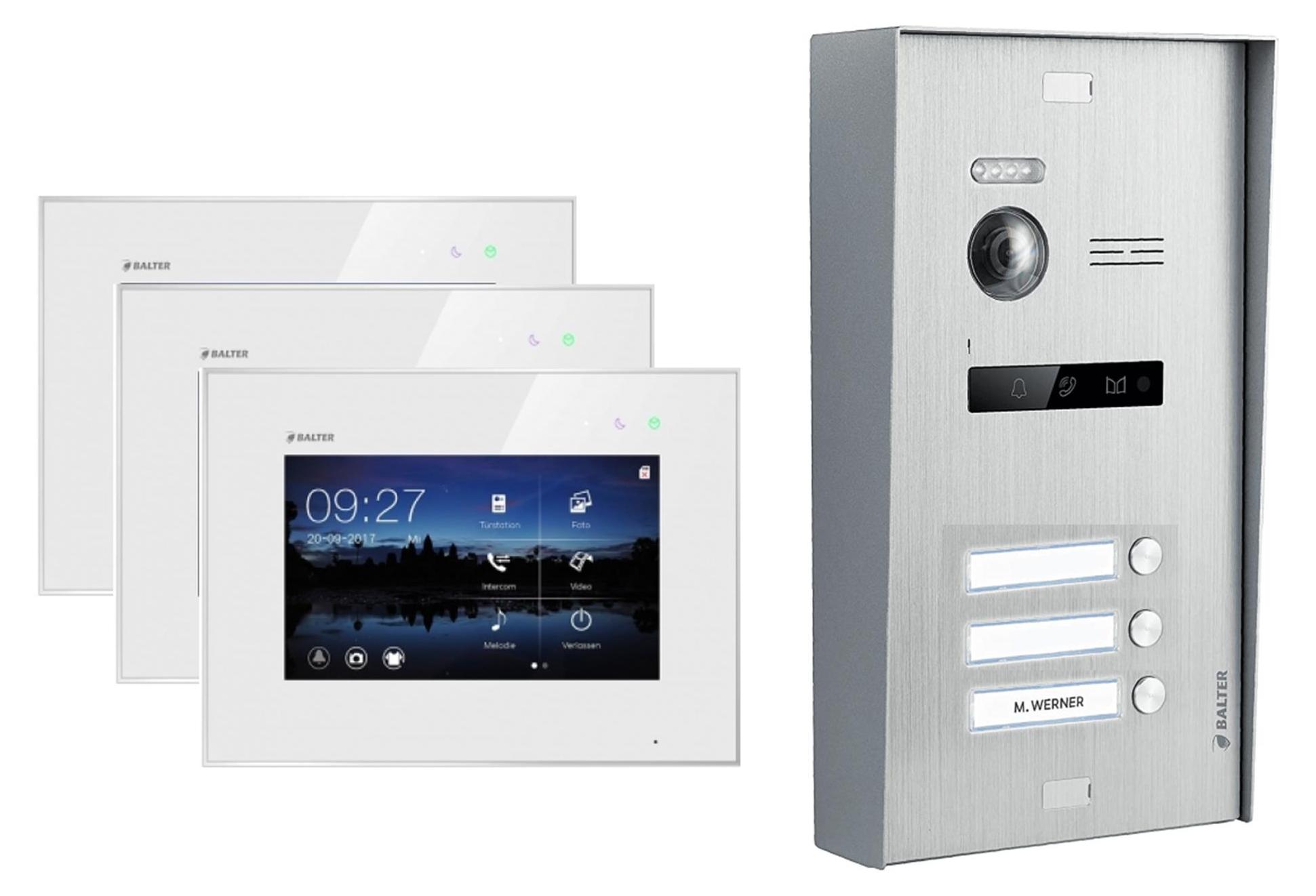Aufputz Video Türsprechanlage BALTER EVO 2-Draht BUS Komplettsystem für 3-Familienhaus Weiß Silber