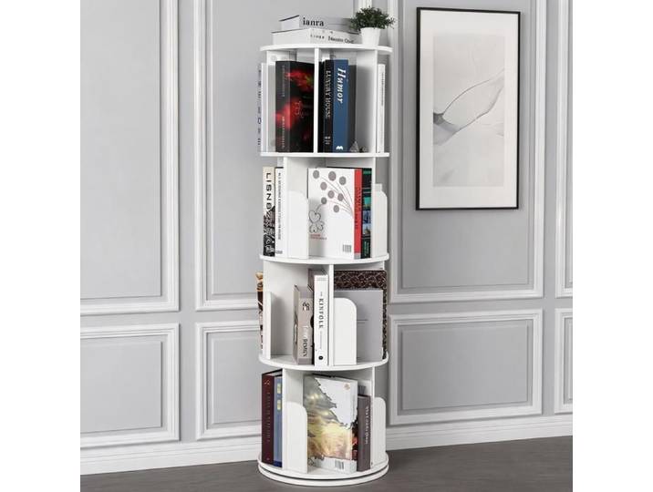 JoyGarden Bibliothèque rotative 360° 4 niveaux meuble d‘angle gain de place pour chambre salon ou nursery - Couleur : Blanc
