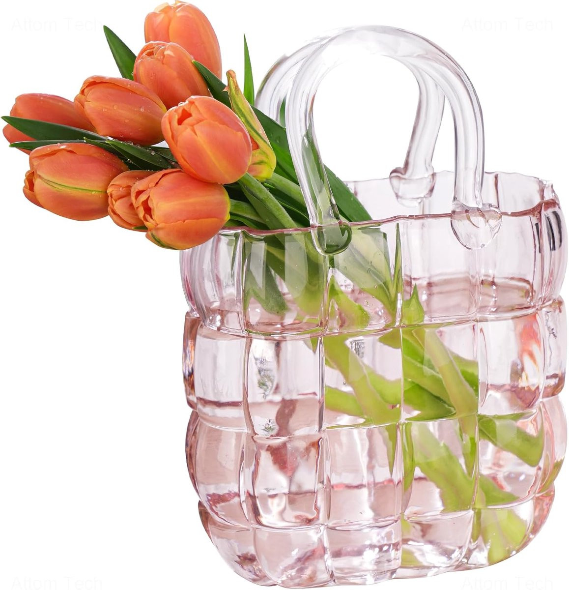 Roze glazen handtas vaasje met handvat voor bloemen en decoratie