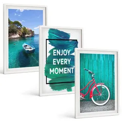 BILDER SET 3er Set - 40x60 cm Weißer Rahmen - Inspiration für ein Fahrrad mit Seeboot