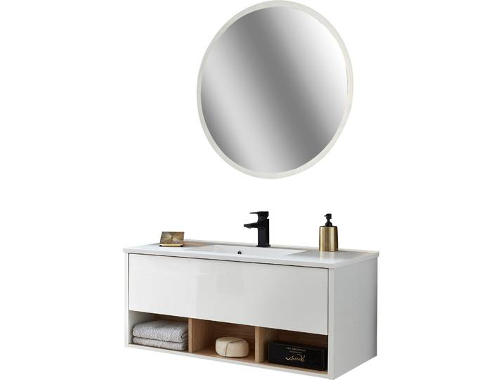 Badmöbel-Set HOME AFFAIRE Studio Line, Bad im modernen Design, 2-teiliges Badezimmer , weiss (weiß, weiß, applikation eiche dekor), Spiegel rund, Kastenmöbel-Sets, Badmöbel-Set, Waschtisch und Spiegel, in zwei Farben verfügbar