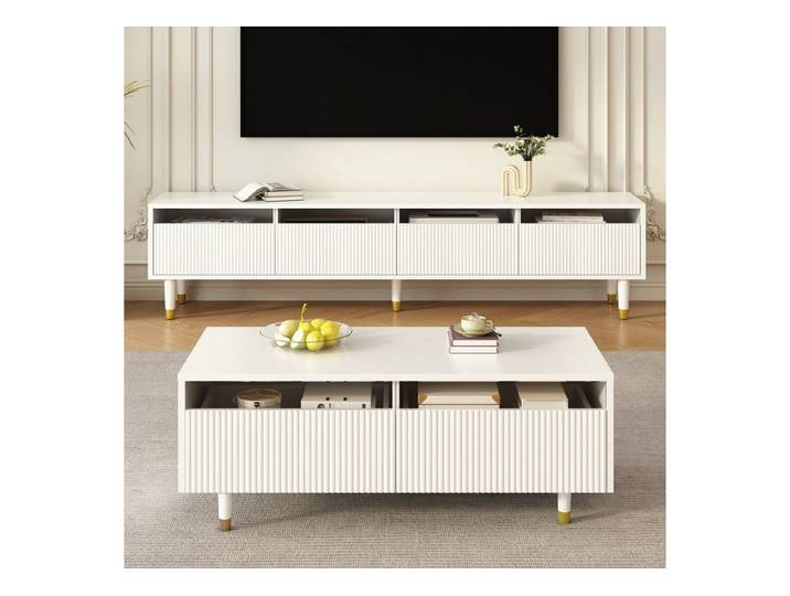 REDOM Wohnzimmer-Set mit LED-beleuchteter, (TV-Schrank+Wohnzimmertisch, 2-St., 3D-Wellen-Design,Acrylplatten), mit vier Türen,zwei Schubladen