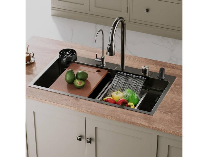 SIRHONA Évier de Cuisine Multifonctionnel Cascade Noir Avec Robinet de Poisson Volant Rétractable 80x45cm