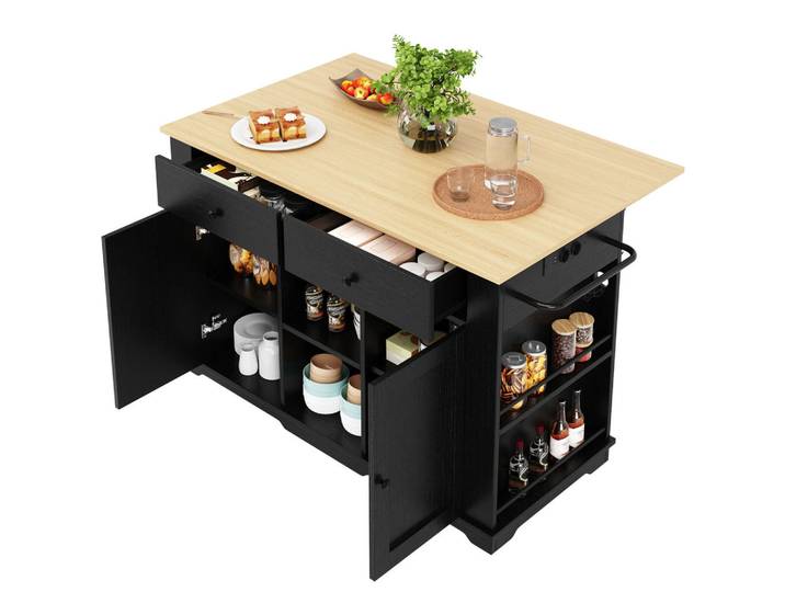 Shopentra Kücheninsel Schwarz Holzoptik mit Steckdose & Arbeitsplatte, Mehrfarbig, 59.7x91.7x151.5 cm, Küchen, Küchenmöbel, Kücheninseln
