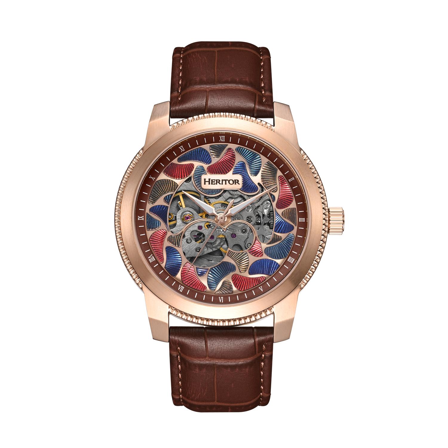 Heritor automatisch Emmanuel semi-skelet lederen bandhorloge
