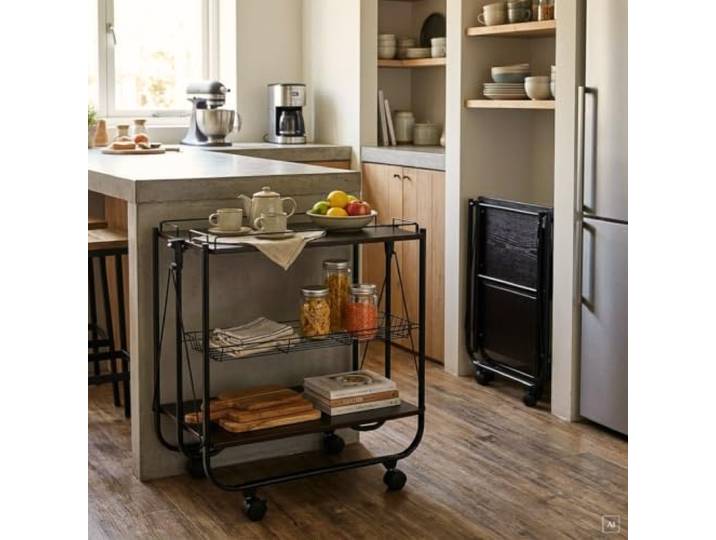 abc HOME Servierwagen Schwarz Klappbar 72cm Hoch – Mobiler Küchenwagen mit Rollen & Bremsen – Platzsparender Beistellwagen Holz MDF – 3 Etagen