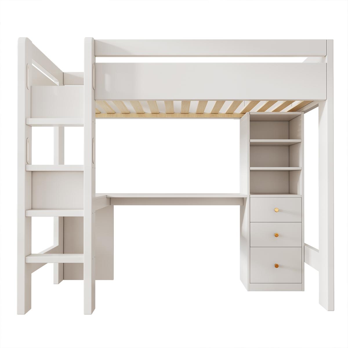 Hausbett mit L-förmigem Schreibtisch Regalen und Schubladen Hochbett Kinderbett Einzelbett Holzbettgestell 90×200cm Weiß