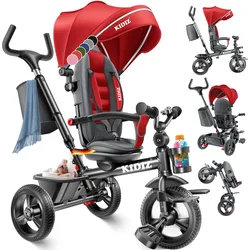 KIDIZ® Dreirad 5in1 Kinderdreirad mit Schubstange Lenksystem Stange ab 1 Jahr vorwärts und Rückwärtsfahrt Jogger ,  Korb Tasche Getränkehalter Sonnendach Gummiräder, Buggy Fahrrad Baby Klappbar
