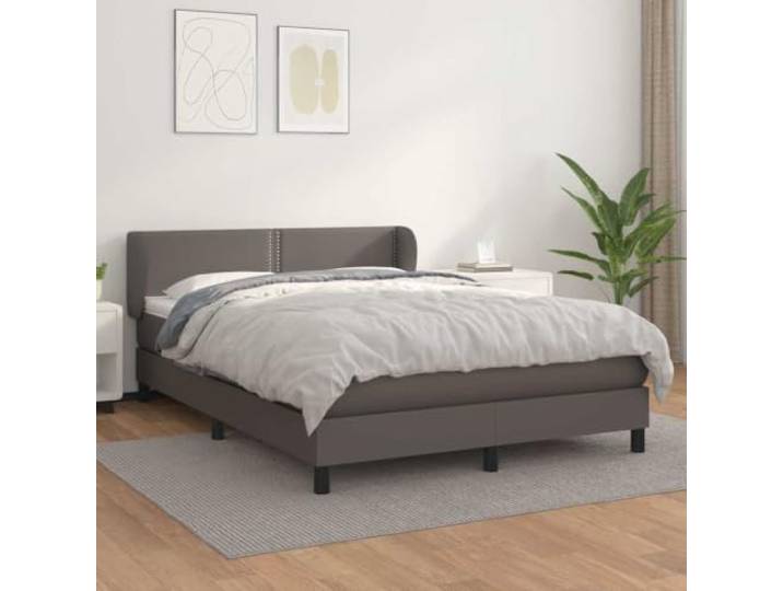 Boxspringbett Kunstleder 140 x 190 cm, Grau mit Matratze mit Nägeln höhenverstellbares Kopfteil mit Ohren, Taschenfederkernmatratze 193 x 147 x 78 cm, Topper 5 cm, inkl, Flach mit Nägeln