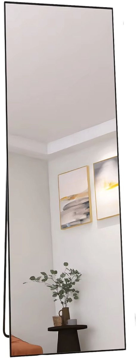 Zwarte staande spiegel met gebogen design en volledige lengte, HD spiegel, 162 x 53 cm