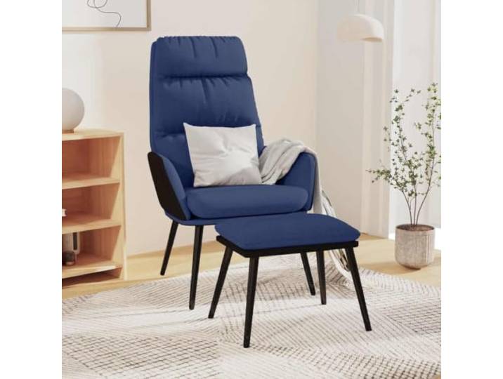 Relaxsessel mit Hocker Blau Stoff und Kunstleder Metallrahmen,atmungsaktiver Stoffbezug,Kunstleder-Akzente,Armlehnen,flexibler Hocker,modernes Design