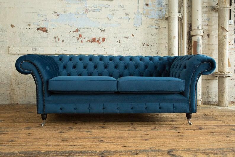 Chesterfield XXL 3-zits sofa in blauw leder