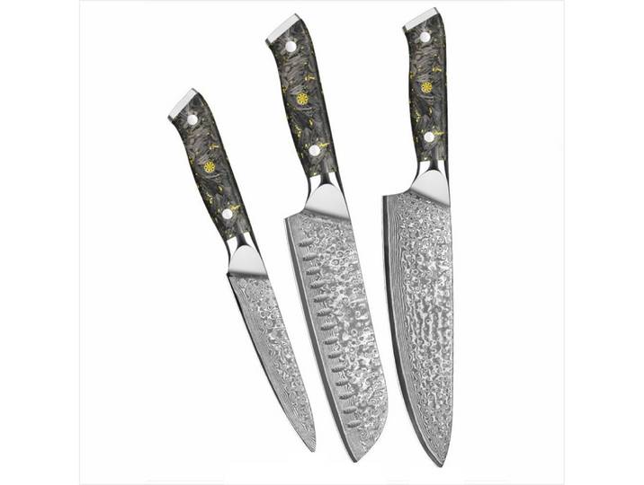 KingLux Messer-Set 3tlg. Damaststahl Küchenmesser-set Karbonfaser&Blattgold Griff (3-tlg)