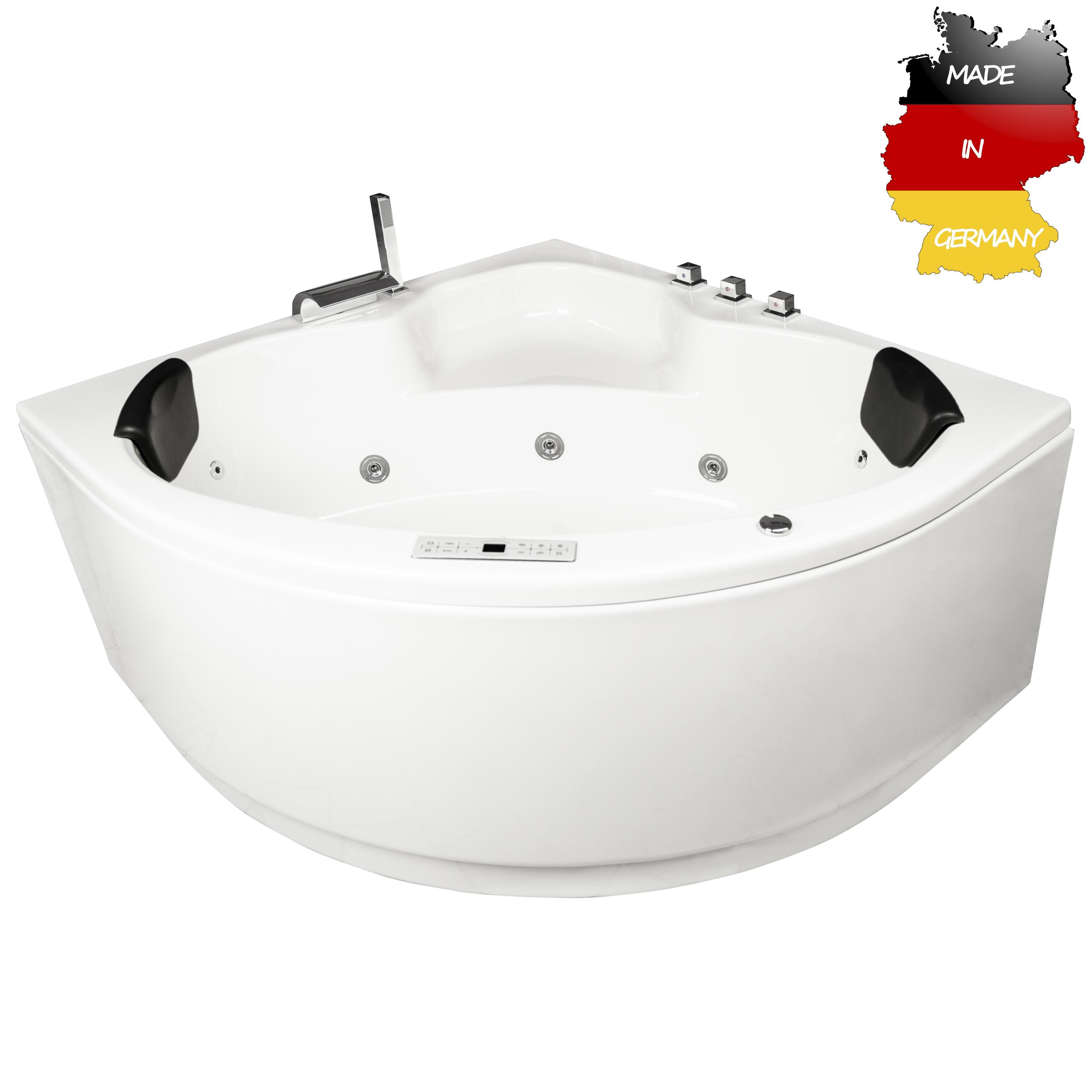 Basera CLASSIC Indoor Eck-Whirlpool Badewanne Maui 130 x 130 cm mit 21 Massagedüsen, Wasserfall, LED-Ambiente, Touchpanel, Bluetooth und Radio