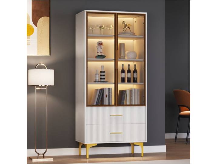 VUENOR Vitrine 70 x 35 x 150 cm blanche avec verre teinté et LED 16 couleurs