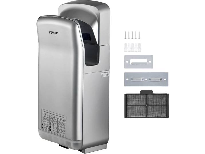 VEVOR Sèche-mains 2kW Sèche-mains électrique commercial Filtre HEPA Sèche-mains mural Vitesse de l'air 100m/s Sèche-mains 8 -10 secondes pour sécher Argent pour aéroports bureaux écoles etc.