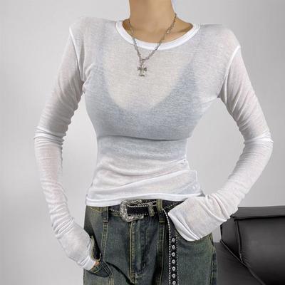 Daily Discovery Sheer Elegance Semi Sheer Long Sleeve Top For Women Crew Neck Fitted Long Sleeve Shirt white s