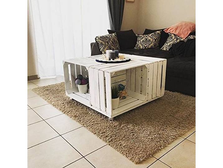 1x WEIßER COUCHTISCH aus 4 Kisten, mit offenen Fächern, auf Rollen - NEU - 81x81x44 cm - dekorativer Couchtisch Holz weiß