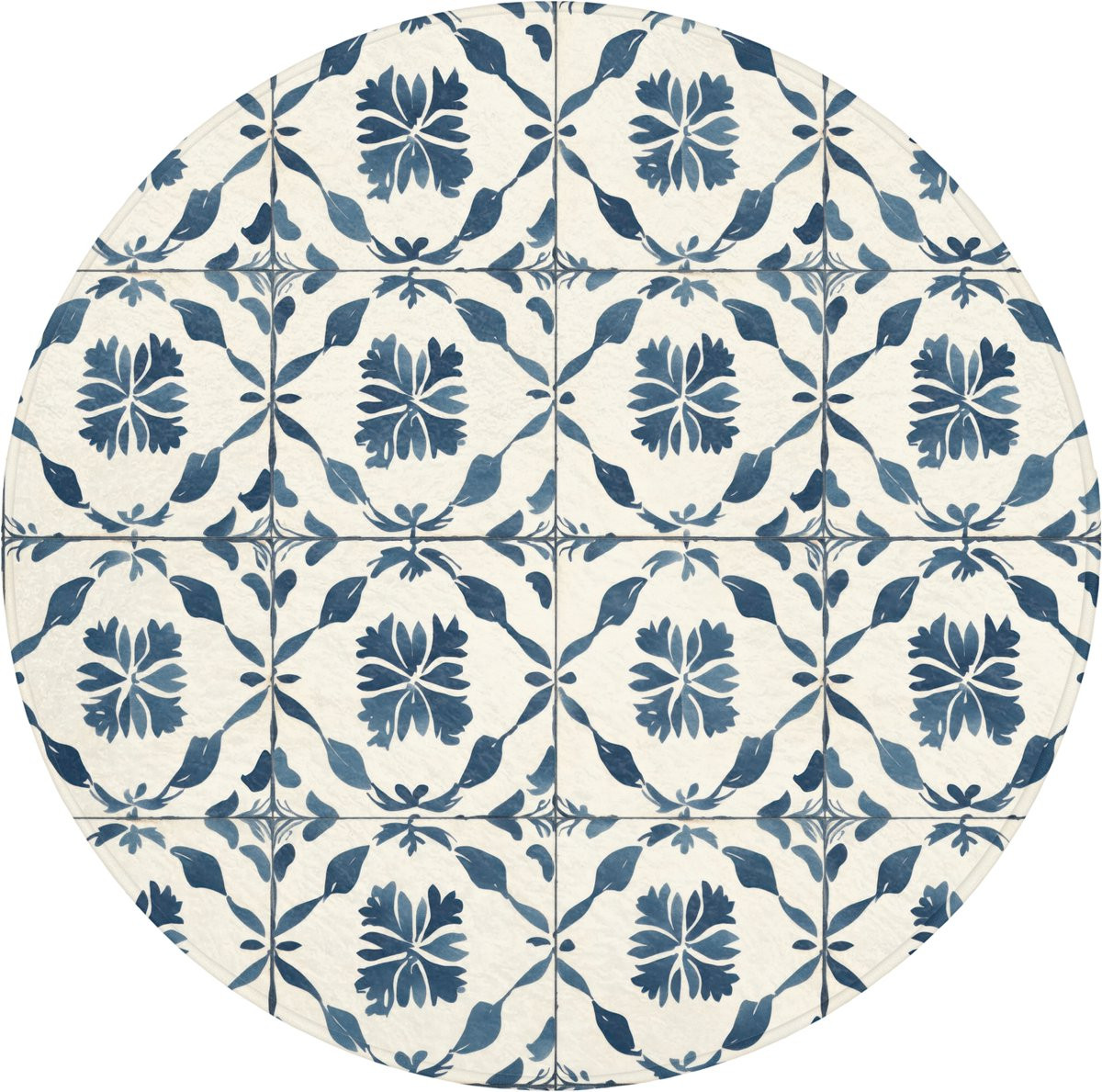 Blauwe ronde badmat met grafisch tegelmotief en antislip - Diameter: 70 cm