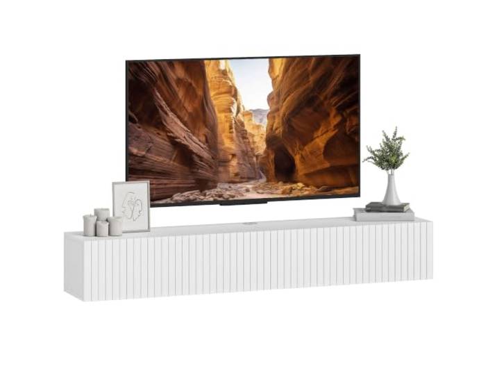 HOMCOM 55 schwebender TV-Ständer, bis 72 Zoll, Media-Konsole, Weiß TV-Stand-Schrank, geriffelte Klapptüren, Kabeldurchführung, Medienkonsole, Wohnzimmer, Schlafzimmer