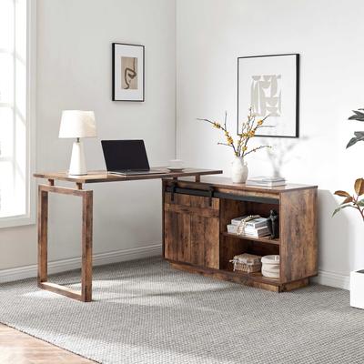 GDFStudio - Olivia L-Shaped Home Office Desk with Attached Storage Credenza and Sliding Barn Door