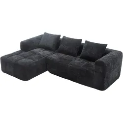 L-Sofa 250x158 cm aus Chenille mit Chaiselongue – bequemes und praktisches Design mit Seitentaschen in Schwarz