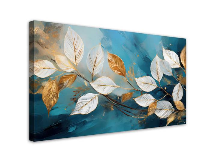 Feeby Wandbild weiße blätter auf einem türkisfarbenen zweig, Türkis, Baum/Pflanze/Natur, Rechteckig, 100x50 cm, Bilder & Rahmen, Bilder, Leinwandbilder