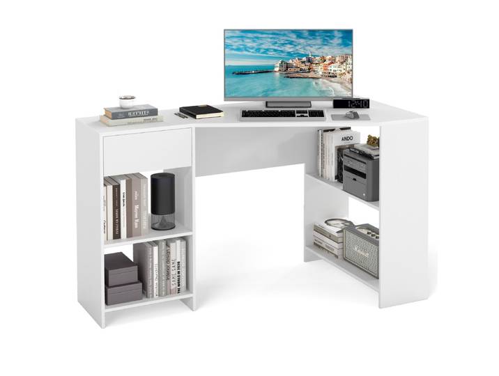 L-Vormig Bureau Hoekbureau met Lade en Planken Moderne Computertafel Hoektafel voor Thuiskantoor Wit
