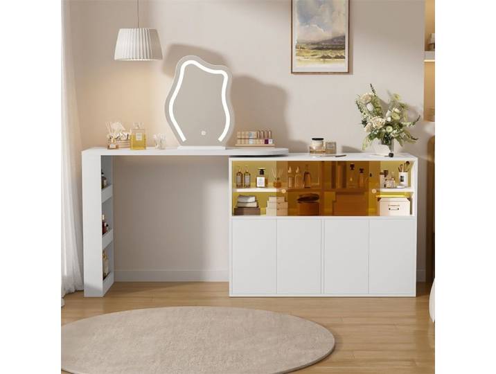 Coiffeuse Pivotante Modulable en L avec Miroir LED - 2-en-1 Blanc - Grand Rangement avec Éclairage Connecté Bluetooth App