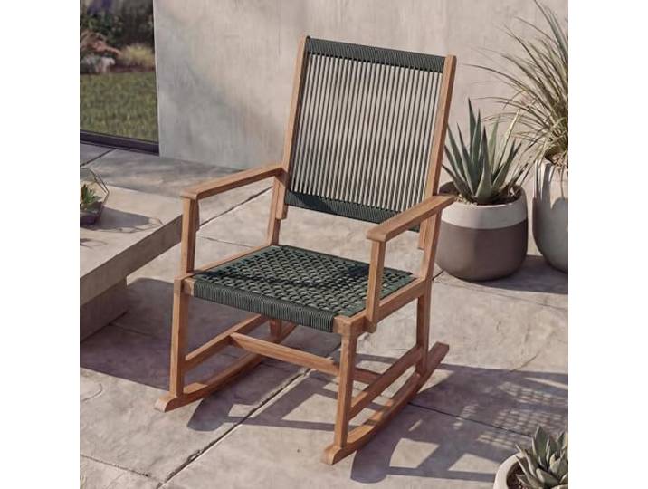 Mendler Schaukelstuhl HWC-P73 Akazie Holz Rope Seilgeflecht - olivgrün Garten, Outdoor, Wippstuhl, Relaxstuhl, Schaukelliege