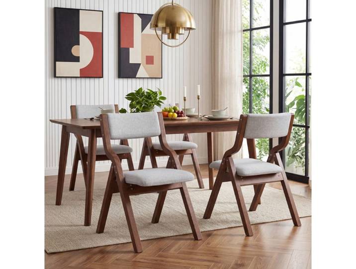 Lot de 2 chaises de salle à manger pliables – Bois – Gris – Tissu lin – Livré monté