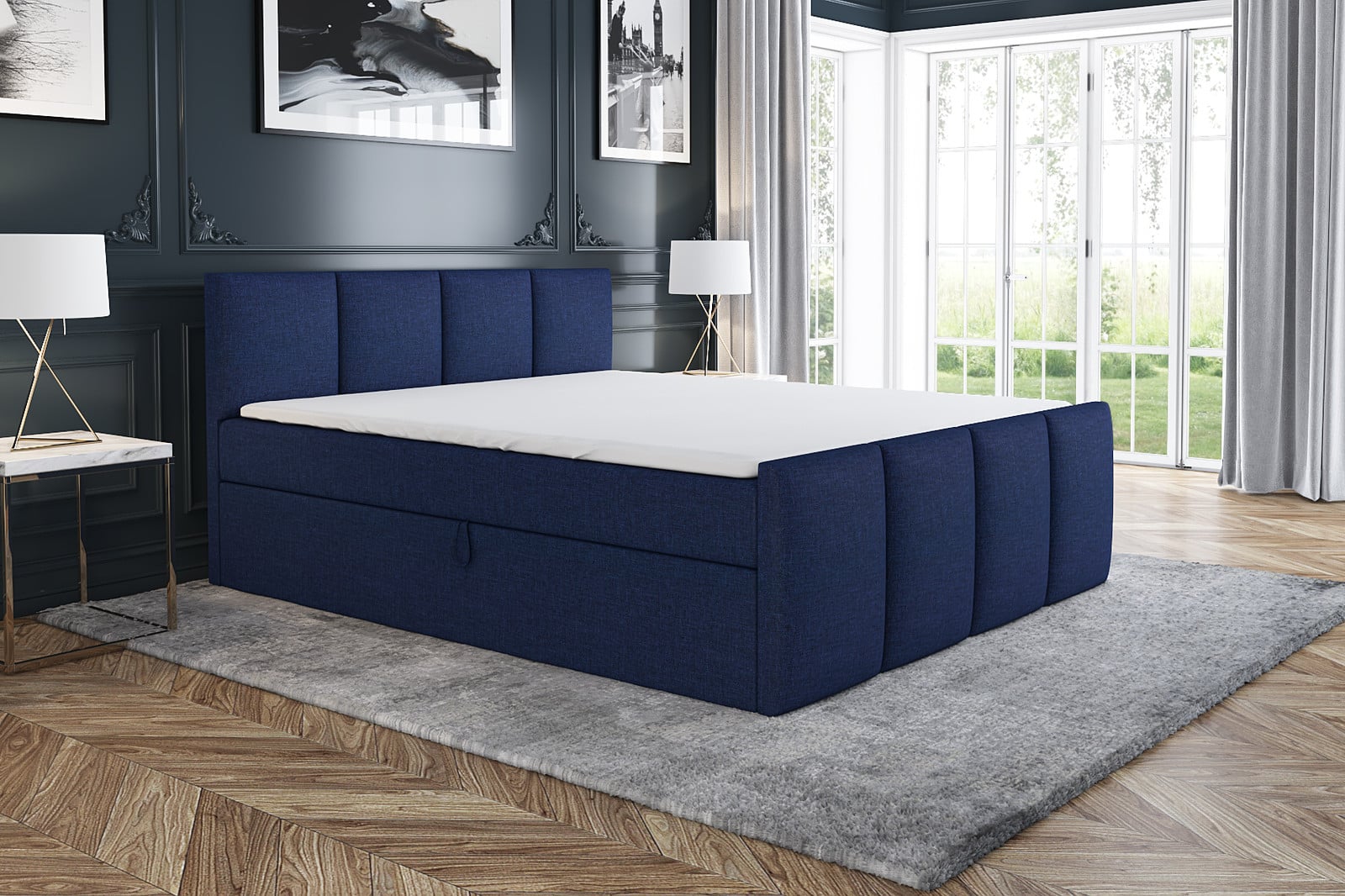 Mebloland Boxspringbed ECOS met opbergruimte, Bonell-matras en topper, 200 x 200 cm, Blauw