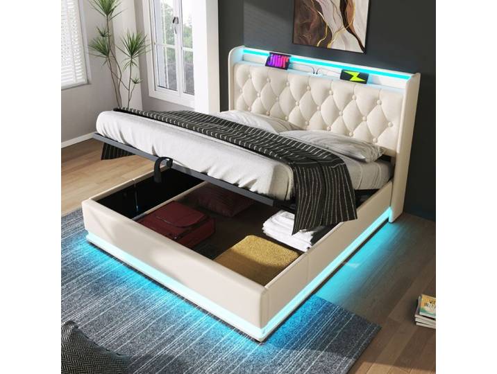 Lit double - KOMHTOM - 140x200 cm - PU blanc - LED 360° (bouton/APP/télécommande) - Rangement hydraulique USB-C