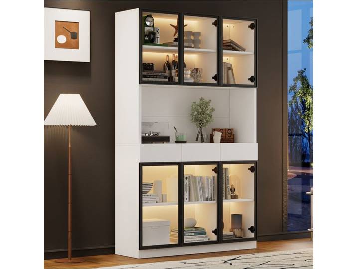 MEULVA Vitrine haute LED 120 x 36 x 200 cm 6 portes vitrées 3 tiroirs blanc avec cadre noir