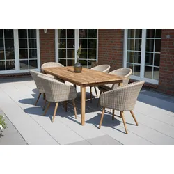 OUTFLEXX Borneo Garten-Essgruppe, beige-meliert, Polyrattan/Akazie, Tisch 180 x 90 cm, 6 Cocktail-Sessel, FSC®-zertifiziertes Produkt