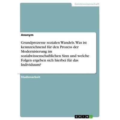 Grundprozesse sozialen Wandels. Was ist kennzeichnend für den Prozess der Modernisierung im sozialwissenschaftlichen Sinn und welche Folgen ergeben