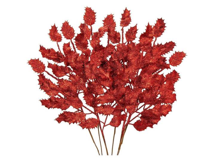 Kunstzweig 6-teiliges Set Glitzernde Eichenblätter Rot 58 cm, Kunststoff, 8 cm, Dekoration, Blumen & Blumentöpfe, Kunstblumen