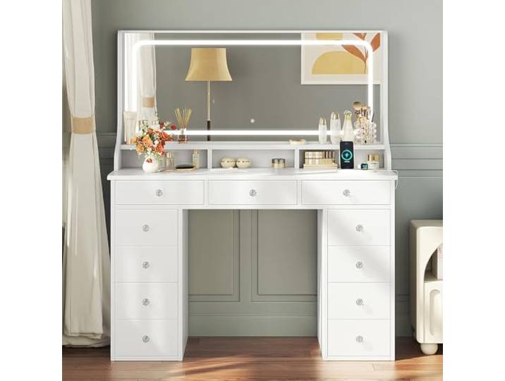Dripex Schminktisch mit Spiegel und Beleuchtung, 110x40x135cm 11 Schubladen großer Schminktisch mit 3 Lichtfarben, 2 Steckdosen & 2 USB-Anschlüssen, Vanity Tisch für Schlafzimmer, Weiß