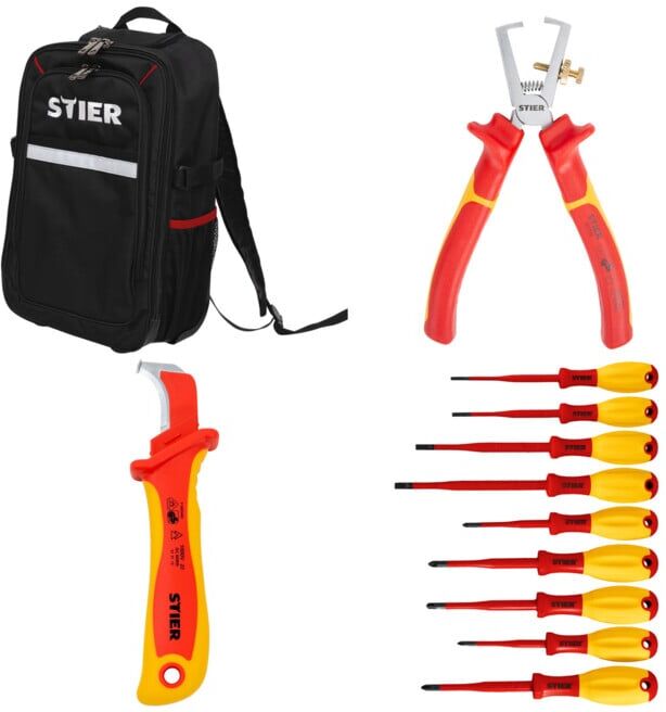 Set STIER Rucksack-Trolley für Werkzeuge + Abisolierzange 160 mm VDE-geprüft + Abmantelungsmesser 180 mm VDE-geprüft + Schraubendreher-Satz slimVDE+ 9-teilig
