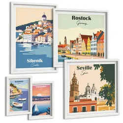 BILDER SET 5er Set - 50x50 cm & 20x30 cm & 40x60 cm Weißer Rahmen - Berglandschaften und Städte