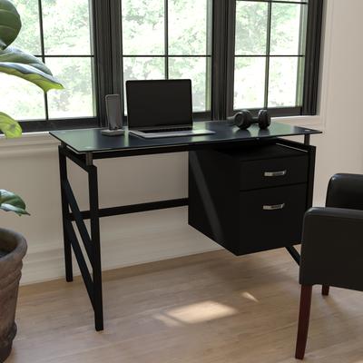 Flash Furniture Two Drawer Pedestal Desk with Tempered Glass Top and Metal Frame
