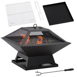 Outsunny Feuerschale mit Funkenschutz Grillrost Schürhaken für Garten Camping BBQ Stahl Schwarz 45x45x34cm