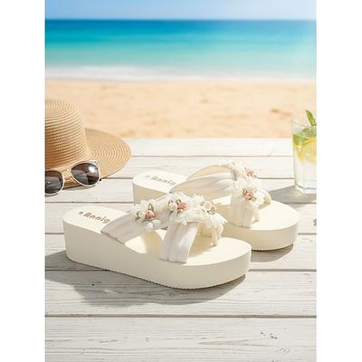 Damen Spaziergang Strand Gartenparty Applikationen Niedriger Absatz Schuhkappe Elegant Bohemien Urlaub Mikrofaser Slipper Elfenbein