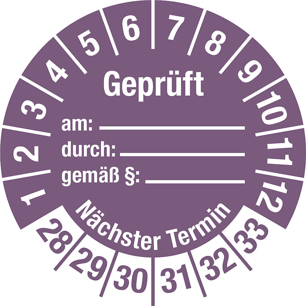 kaiserkraft Geprüft/Nächster Termin, Dokumentenfolie, Ø 30 mm, VE 10 Stk, 28 - 33, violett