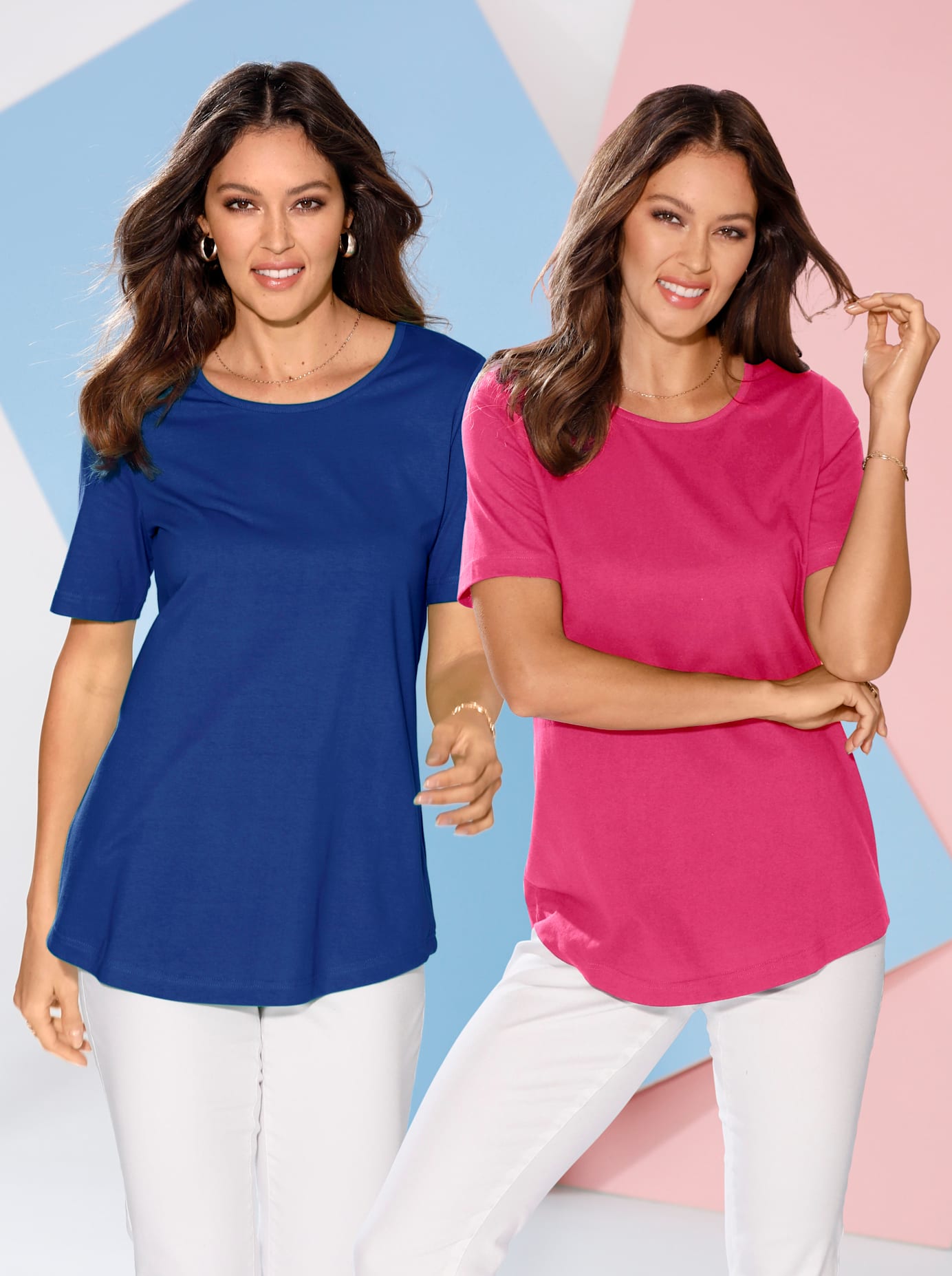 Longshirt CLASSIC BASICS "Doppelpack Shirts", Damen, Gr. 40, bunt (royalblau, pink), 100% Baumwolle, unifarben, Rundhals, Shirts Longshirt royalblau, pink 40
