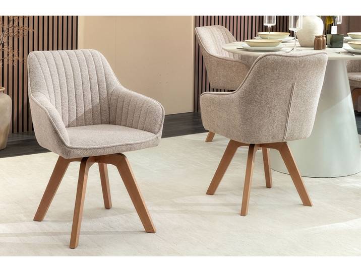 Design Stuhl LIVORNO beige Strukturstoff Massivholzbeine drehbar Auto-Return-Funktion Polsterstuhl Esszimmerstuhl Küchenstuhl Modern & Design