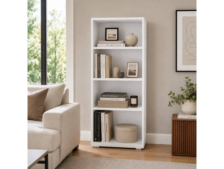 The White Stone Platzsparendes Weißes Bücherregal 3 Verstellbare Regale ; Modernes Bücherregal ; 60x30x130 cm, Holzwerkstoff, 30x130x30 cm, Wohnzimmer, Regal, Bücherregale