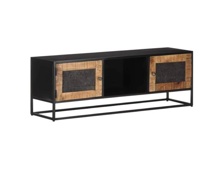 Roanoer TV-Schrank Raues Mangoholz Fernsehtisch 120x30x40 cm Handgeschnitzte Türen und stabiler Eisenrahmen bieten eleganten Stauraum für Wohnzimmer und Schlafzimmer.